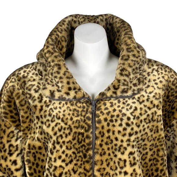 Vintage J. Percy Marvin Richards Faux Fur Jacket Leopard Print Hood Zip Size L - Picture 2 of 9